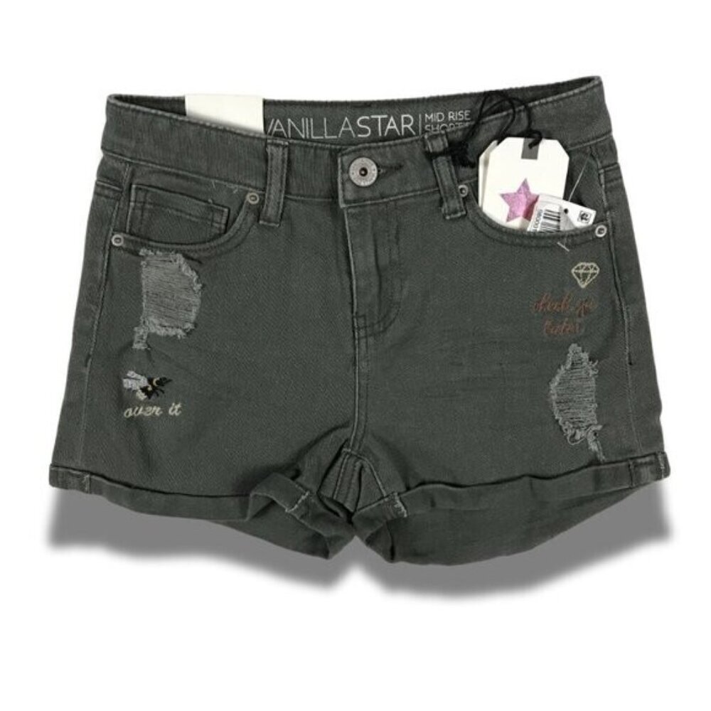 VANILLA STAR Embroidered BABE Green Jean Shorts NWT 0